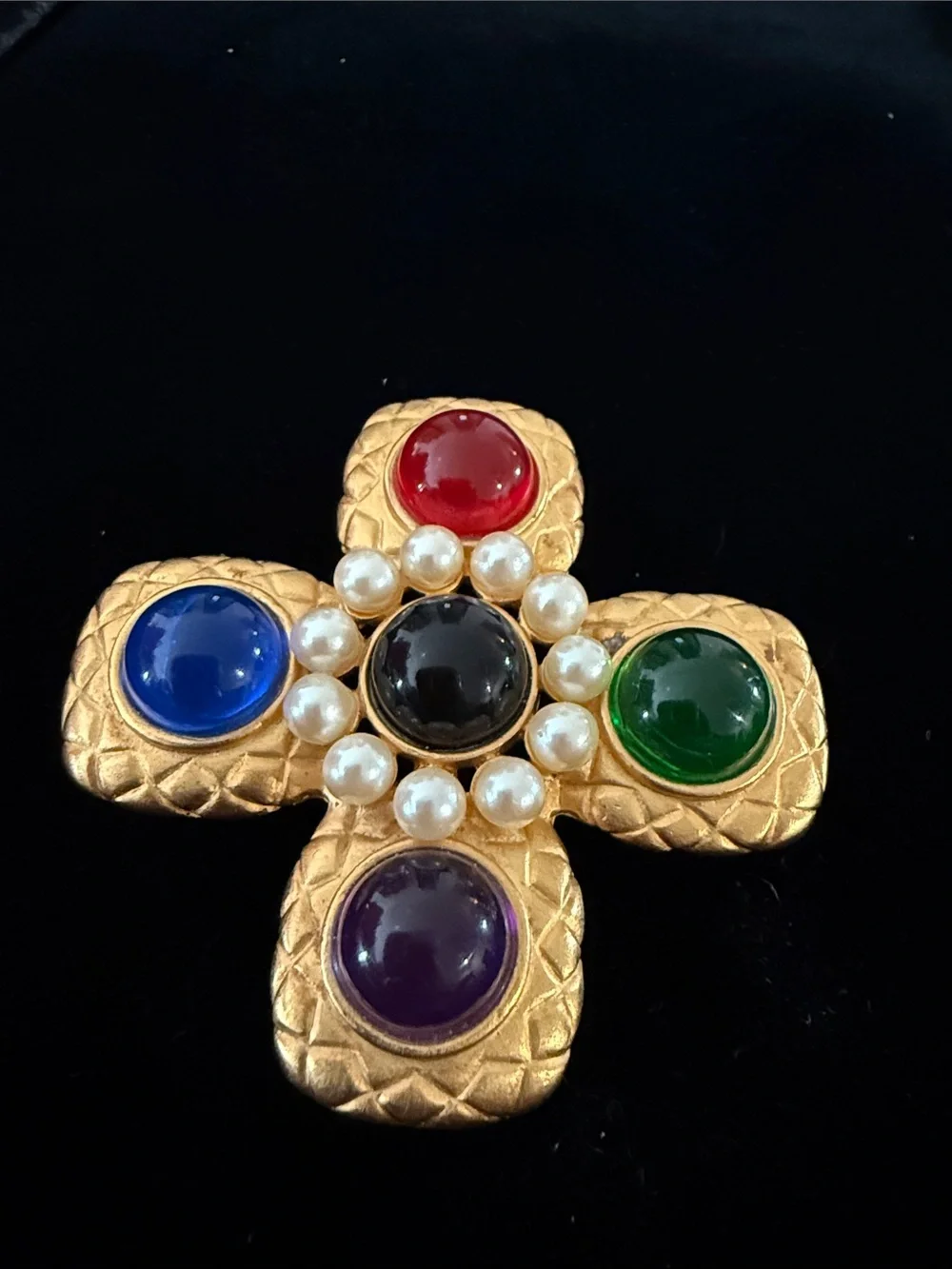 Ann Taylor Multicolor Cabochon Flower Brooch Gold Tone Faux Pearl Pin - Picture 1 of 3